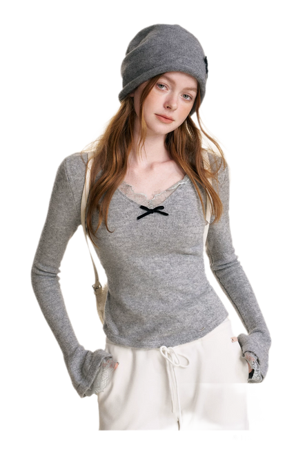 Lace Bow V-Neck Knit Top
