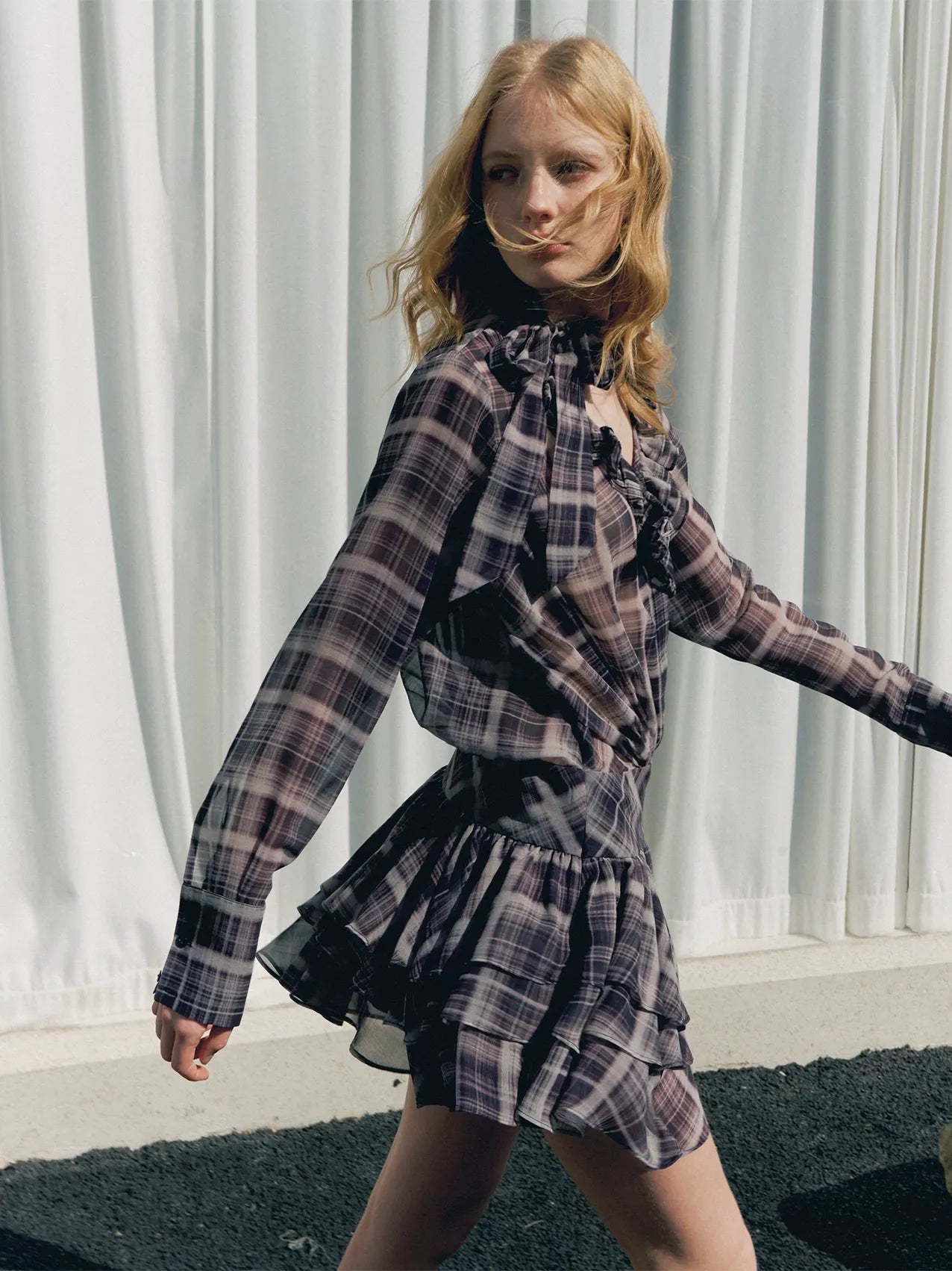 Plaid Chiffon V-Neck Dress