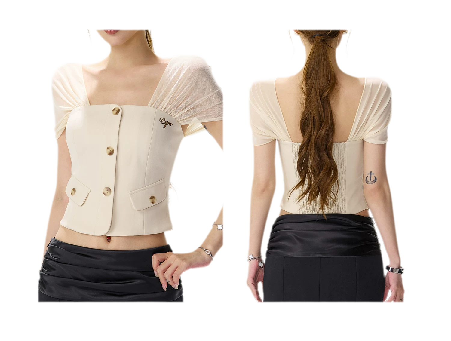Square Neck Mesh Sleeve Top