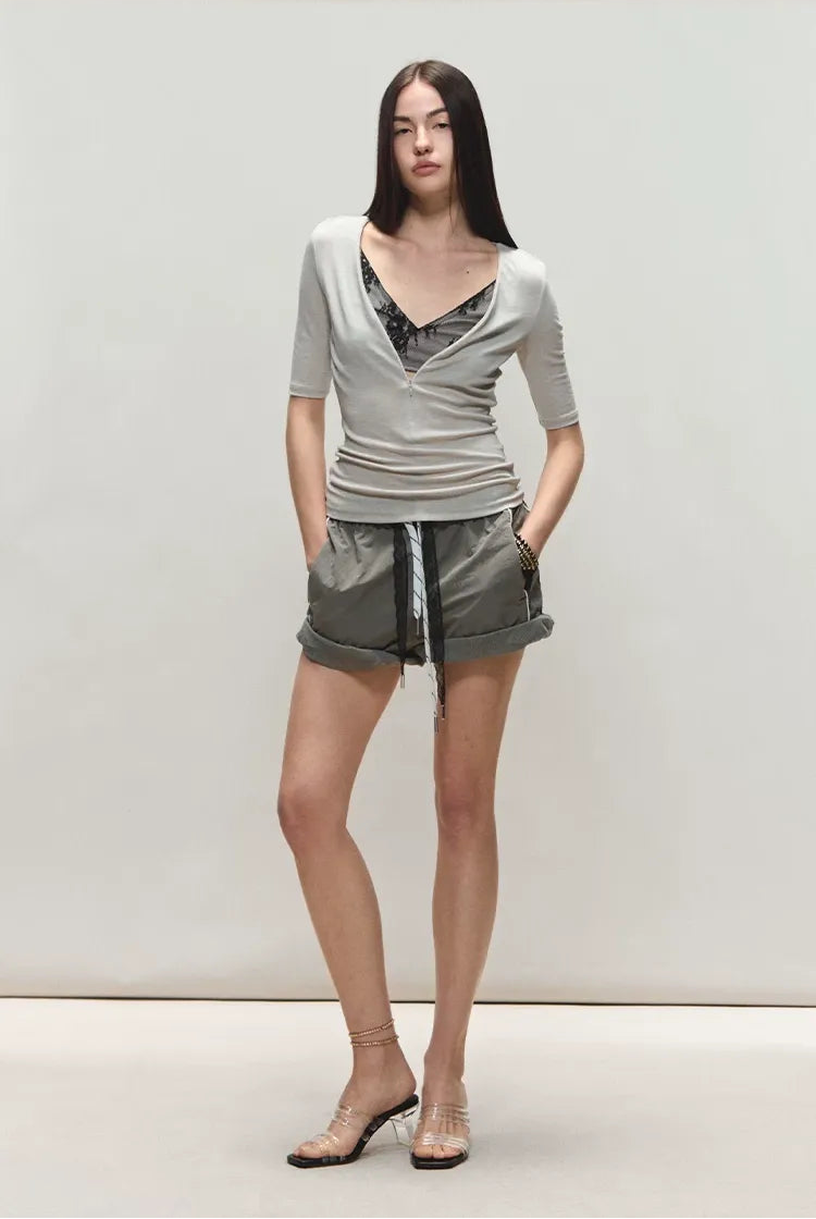 Lyocell Two-in-One Colorblock Mid-Sleeve T-Shirt