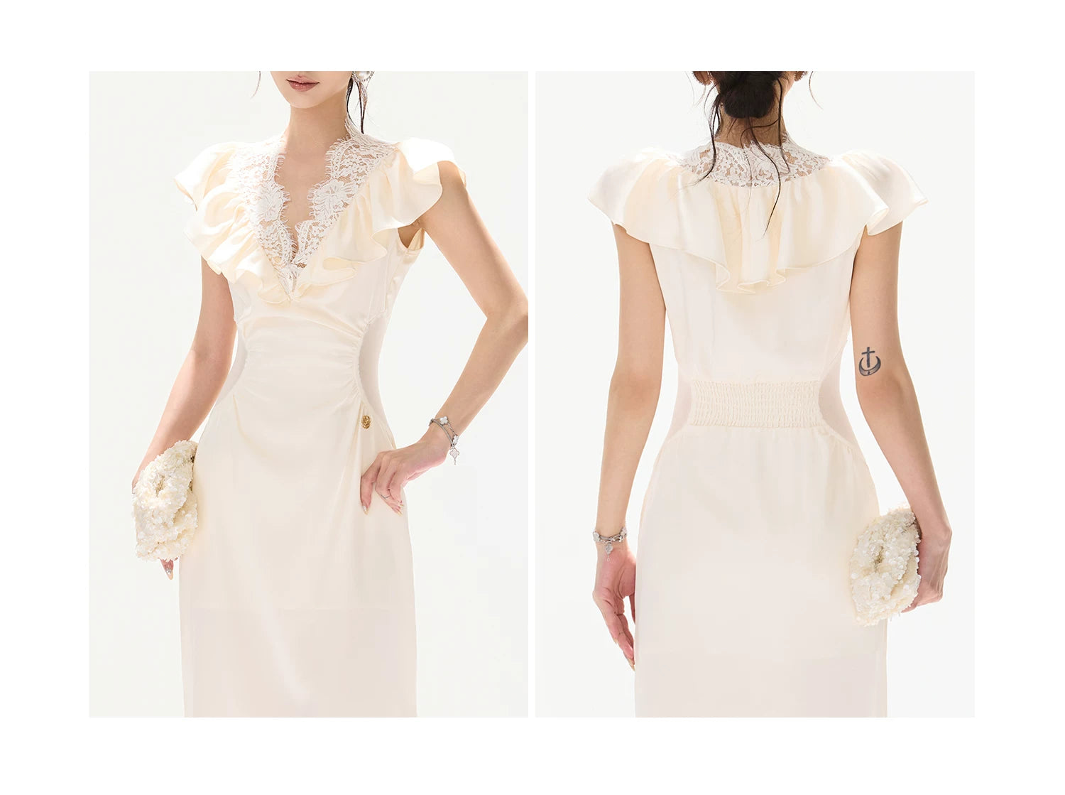 Vintage Ruffled Lace Waist-Cut Long Dress