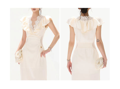 Vintage Ruffled Lace Waist-Cut Long Dress