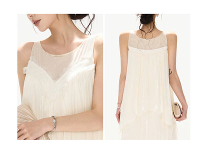 Sleeveless Mesh Spliced Ruffle Long Dress