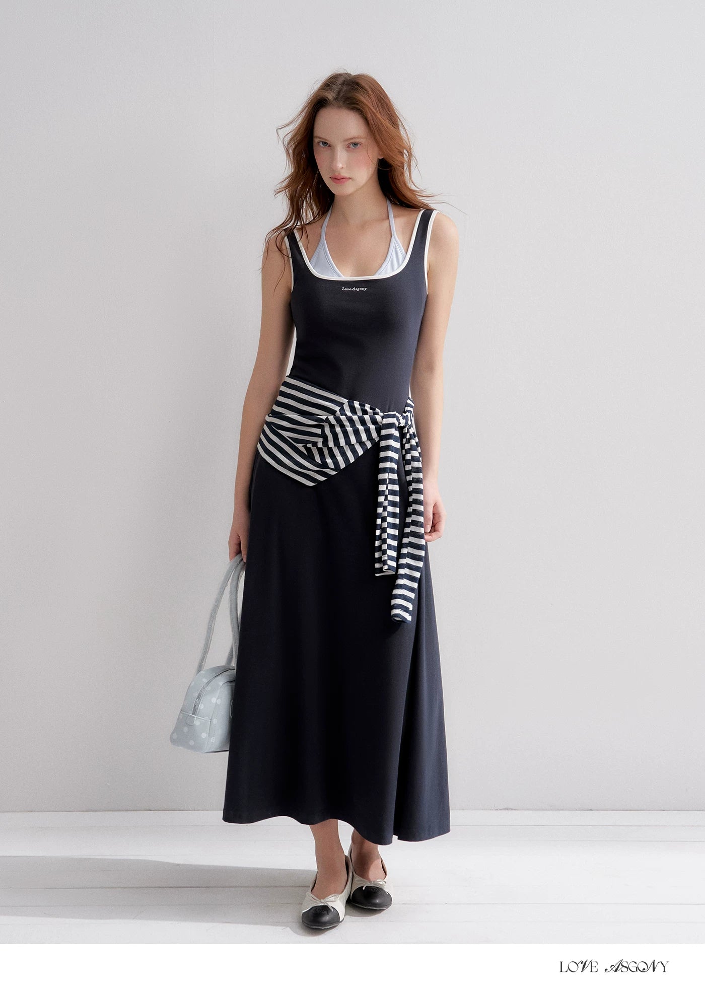 Contrast Color U-Neck Halter Knit Long Dress