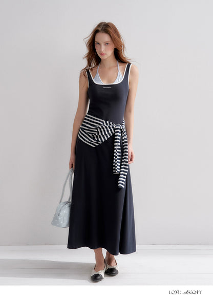 Contrast Color U-Neck Halter Knit Long Dress