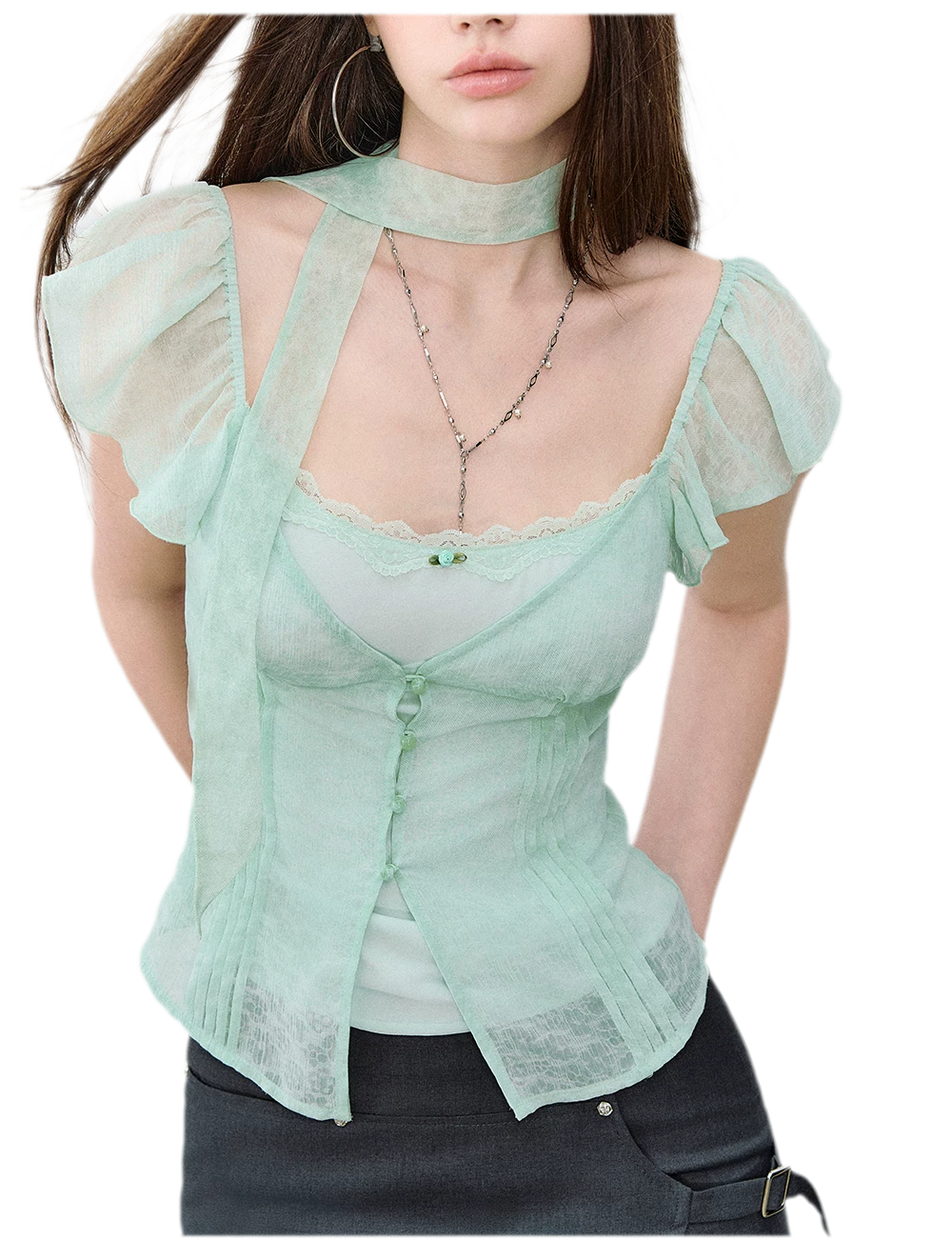 Tie-Dye Chiffon Ribbon-Neck Blouse
