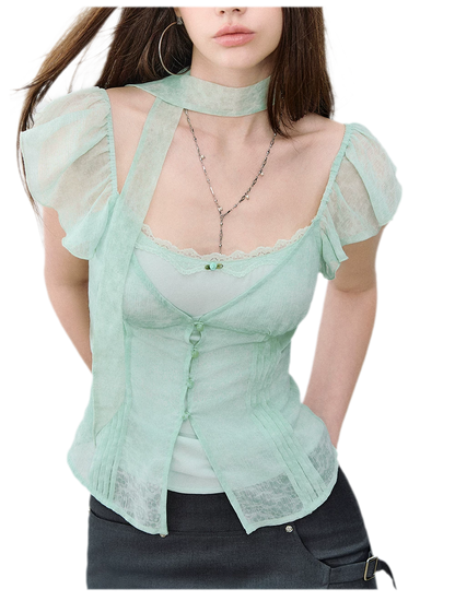 Tie-Dye Chiffon Ribbon-Neck Blouse