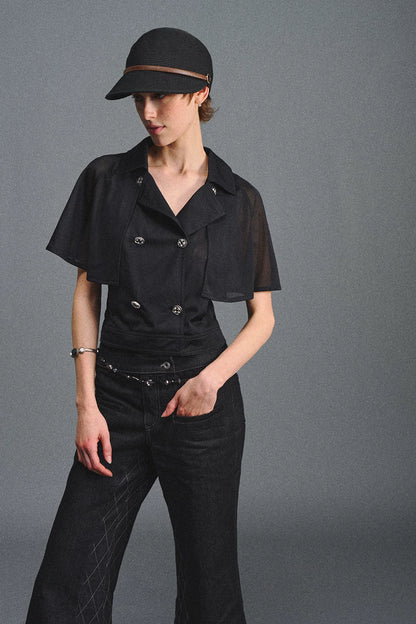 Detachable Cape Chiffon Blouse with Lace Detail