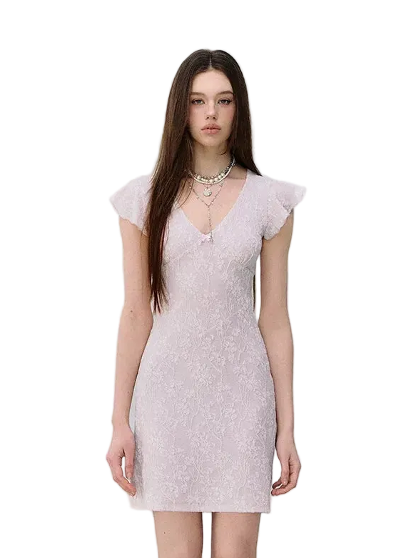 Lace-Trim Jacquard Knit Waist-Cinched Dress