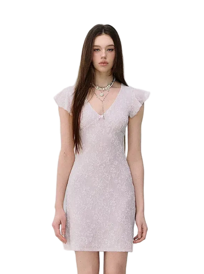 Lace-Trim Jacquard Knit Waist-Cinched Dress