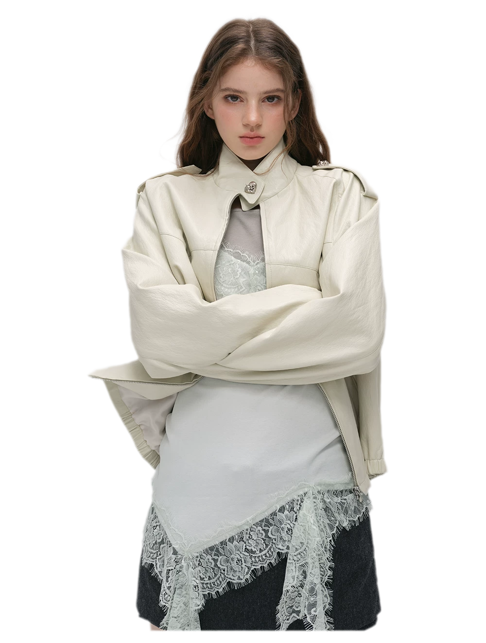 Faux-Leather Lychee-Texture Moto Jacket