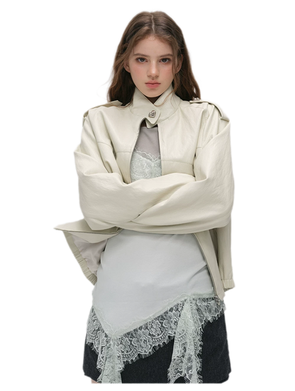 Faux-Leather Lychee-Texture Moto Jacket
