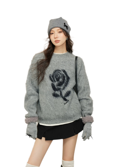 Rose Jacquard Grey Sweater
