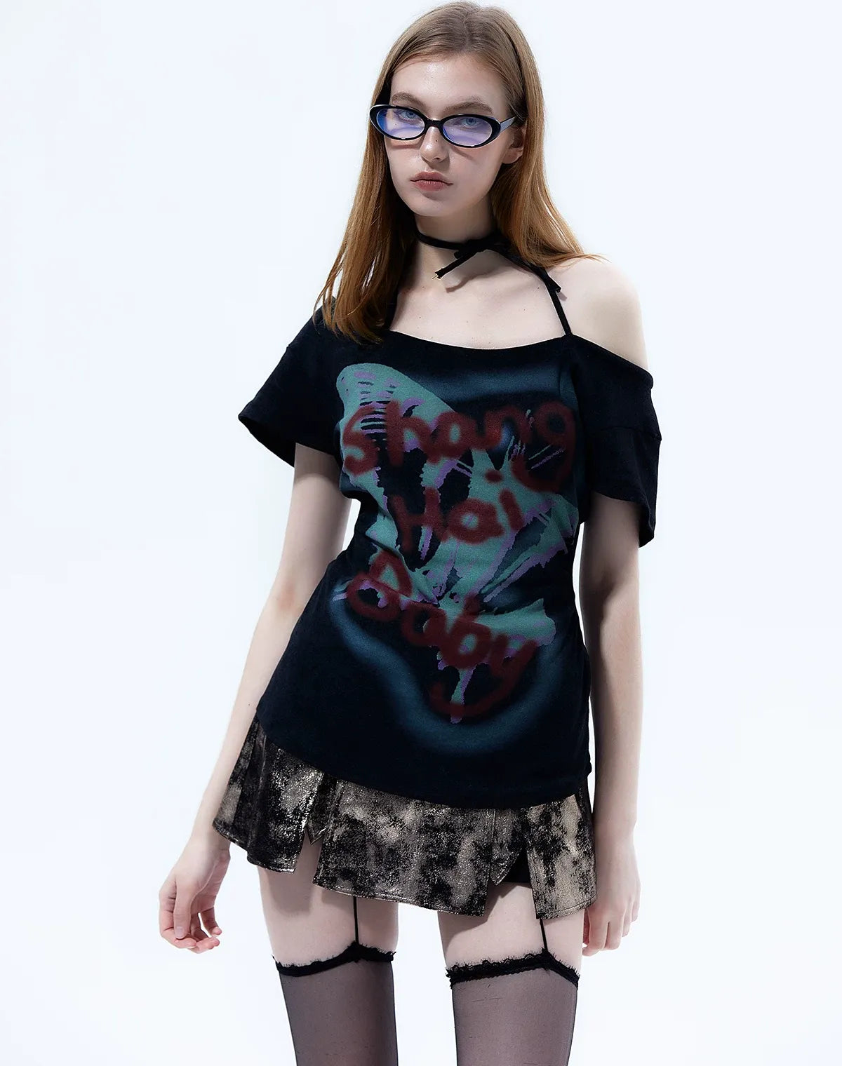 Graffiti Off-Shoulder Fitted T-Shirt