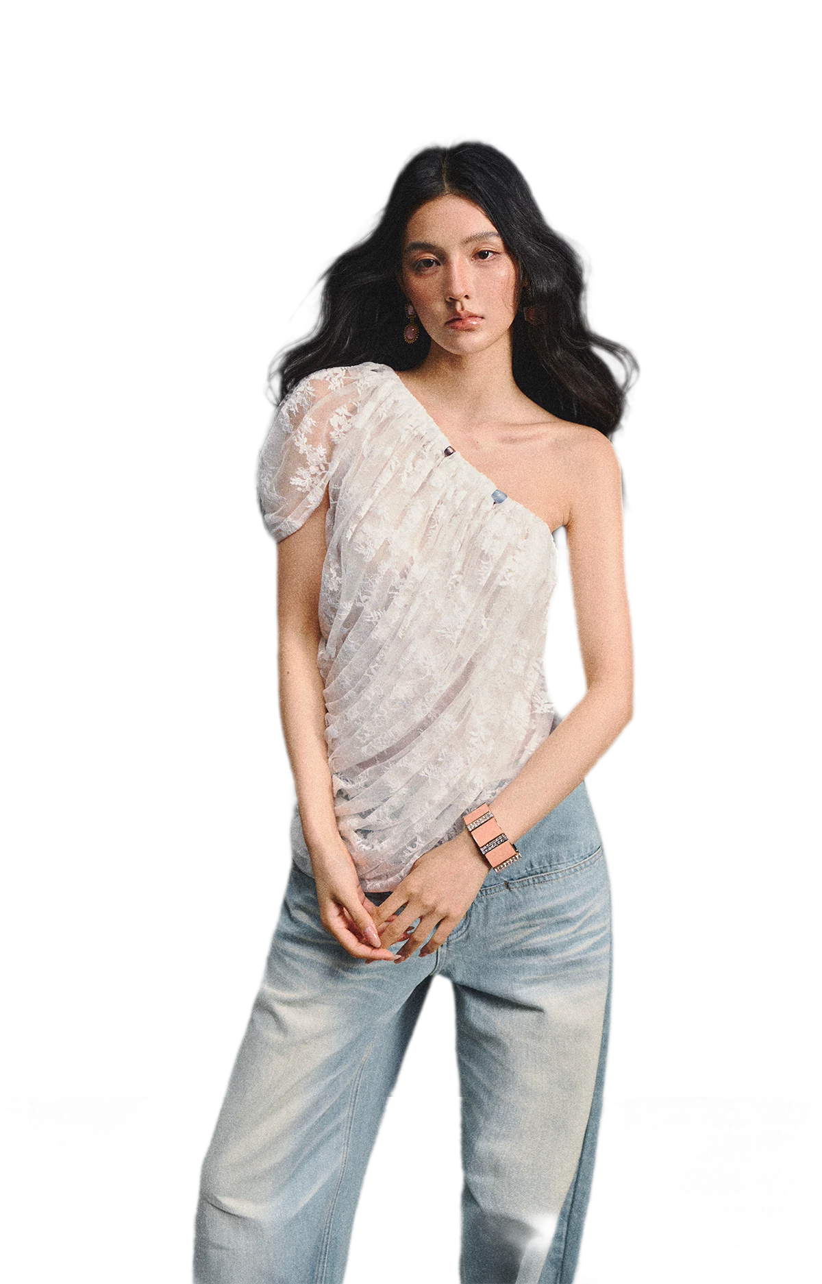 Lace Ruched Asymmetric Top