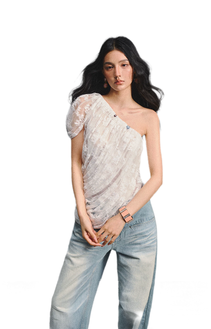 Lace Ruched Asymmetric Top
