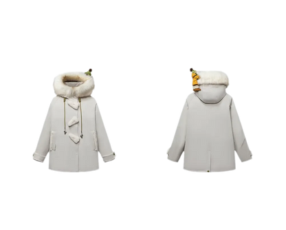 Doudoune mi-longue en duvet à boutons brandebourgs et effet peluche