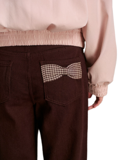 Cotton Contrast Plaid Bow Jeans