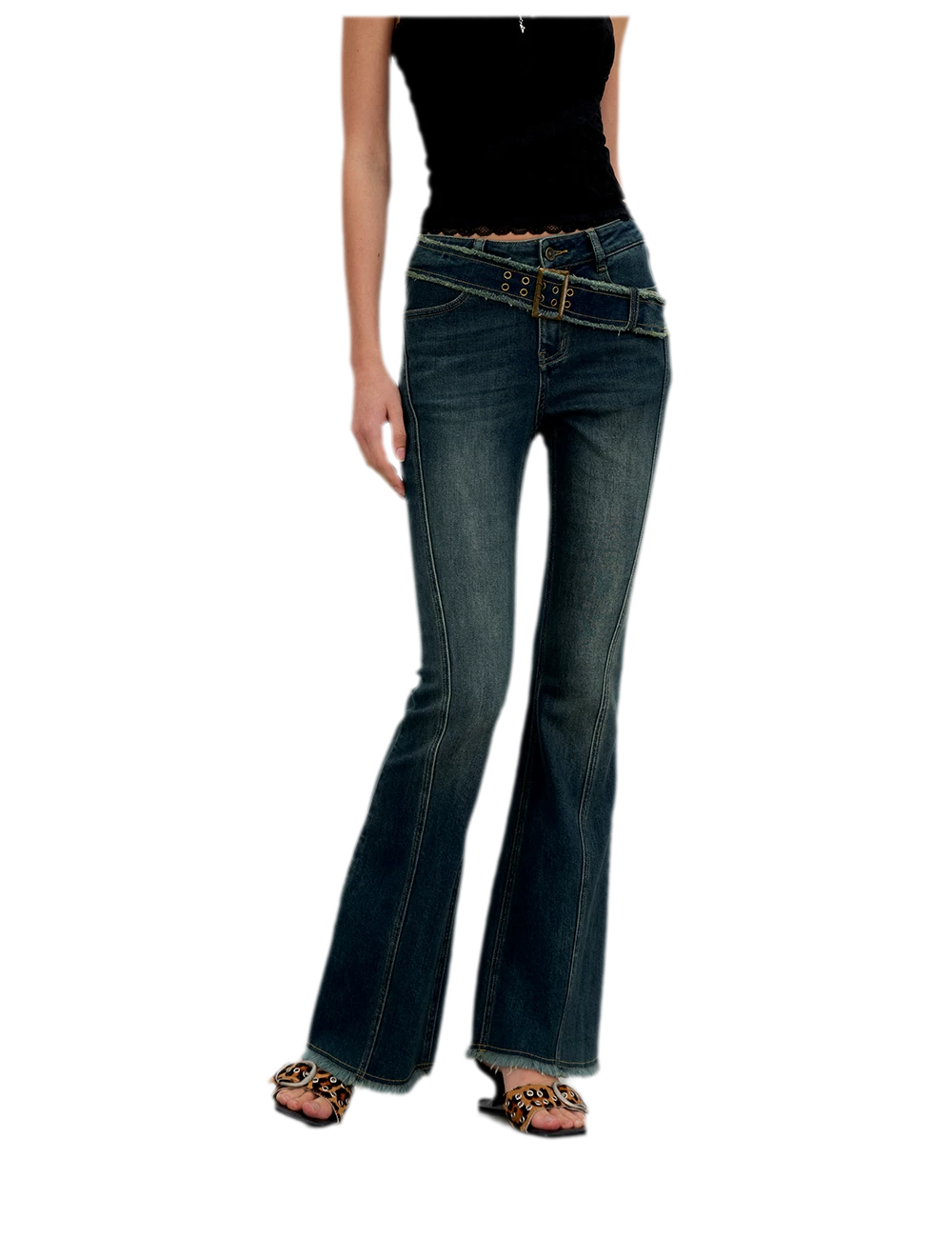 Washed Panel Flare Jeans