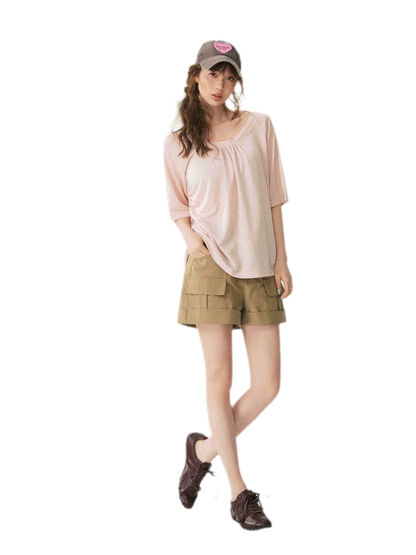 V-Neck Ruched Knit Tee
