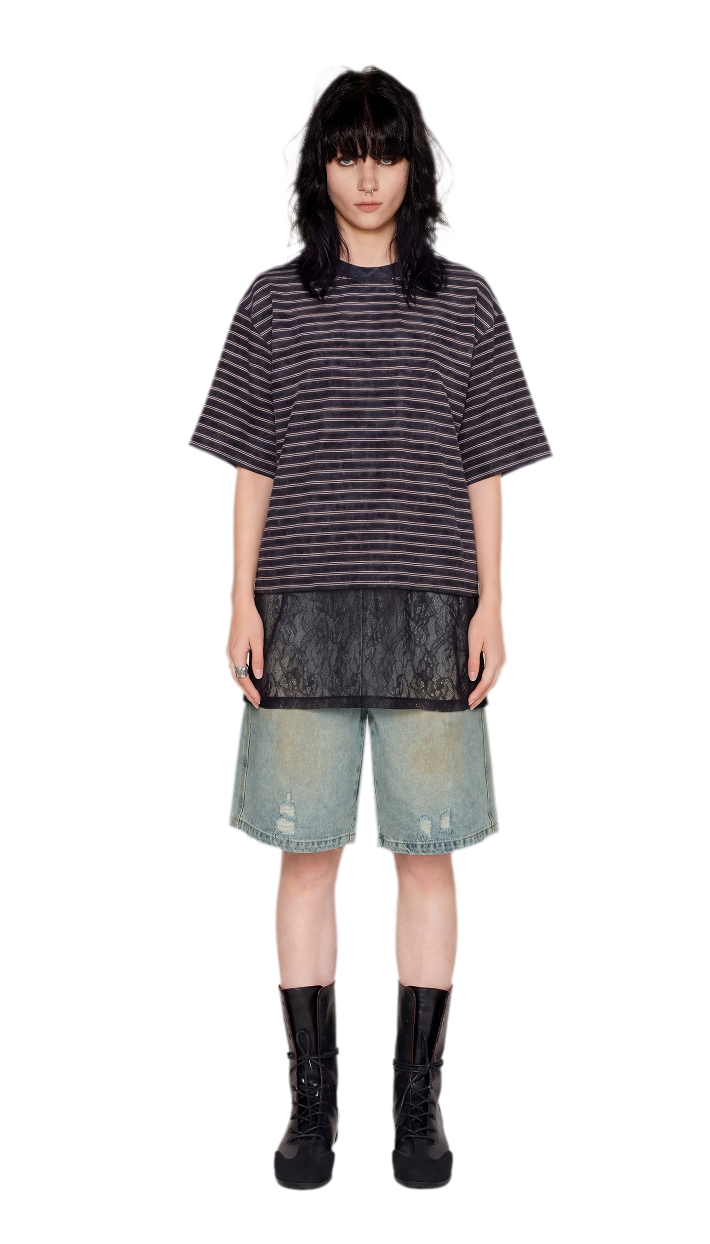 Striped Lace Hem T-Shirt
