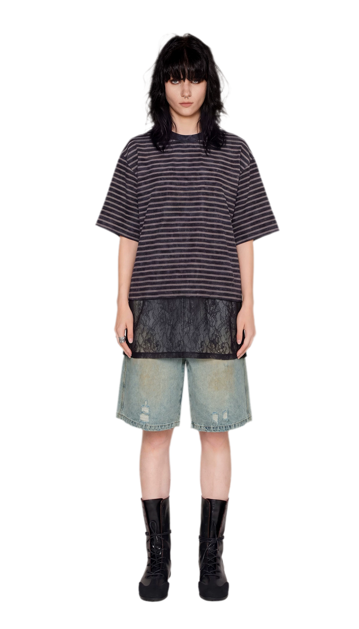 Striped Lace Hem T-Shirt
