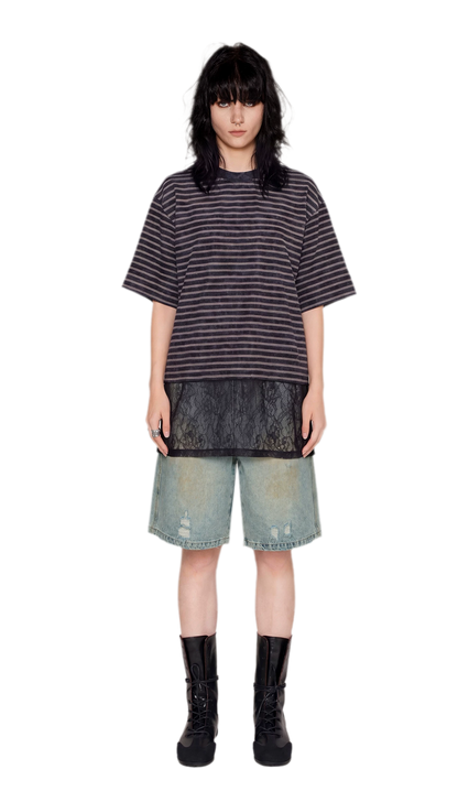 Striped Lace Hem T-Shirt