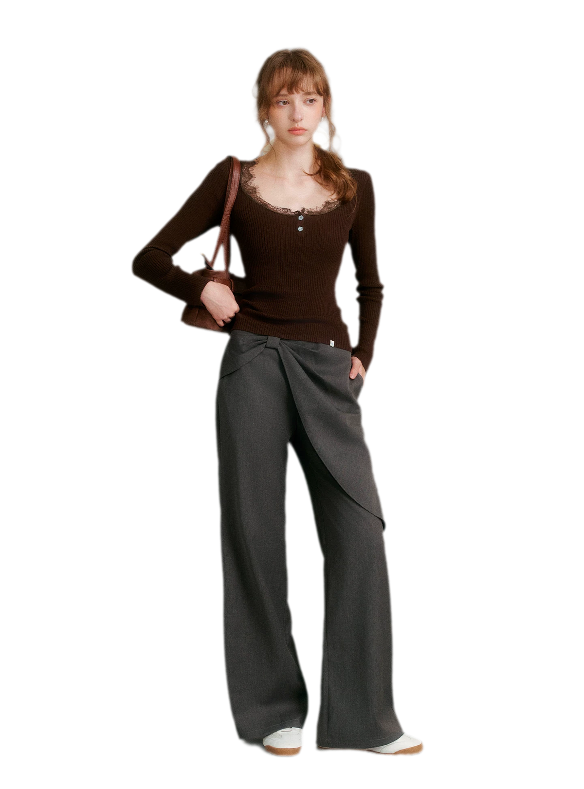 Misty Gray Bow Wide-Leg Pants