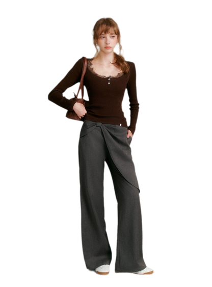 Misty Gray Bow Wide-Leg Pants