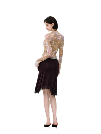 Deer Print Lace Mesh Top