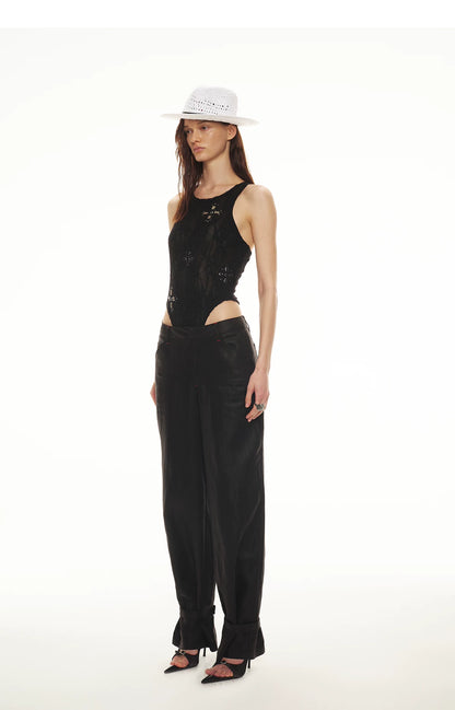 Stylish Gemstone Lace Halter Bodysuit Top