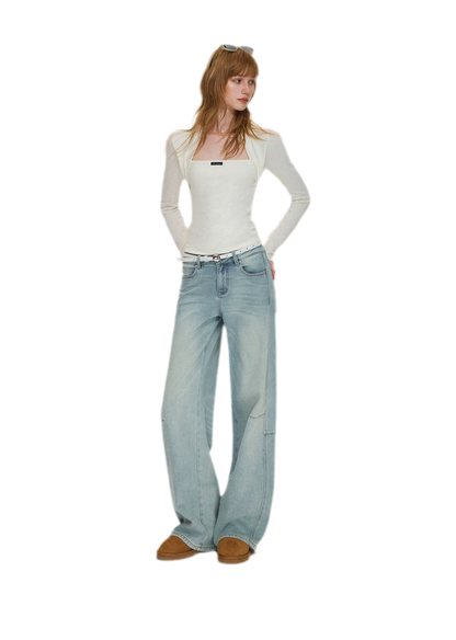 Washed Curved Wide-Leg Jeans