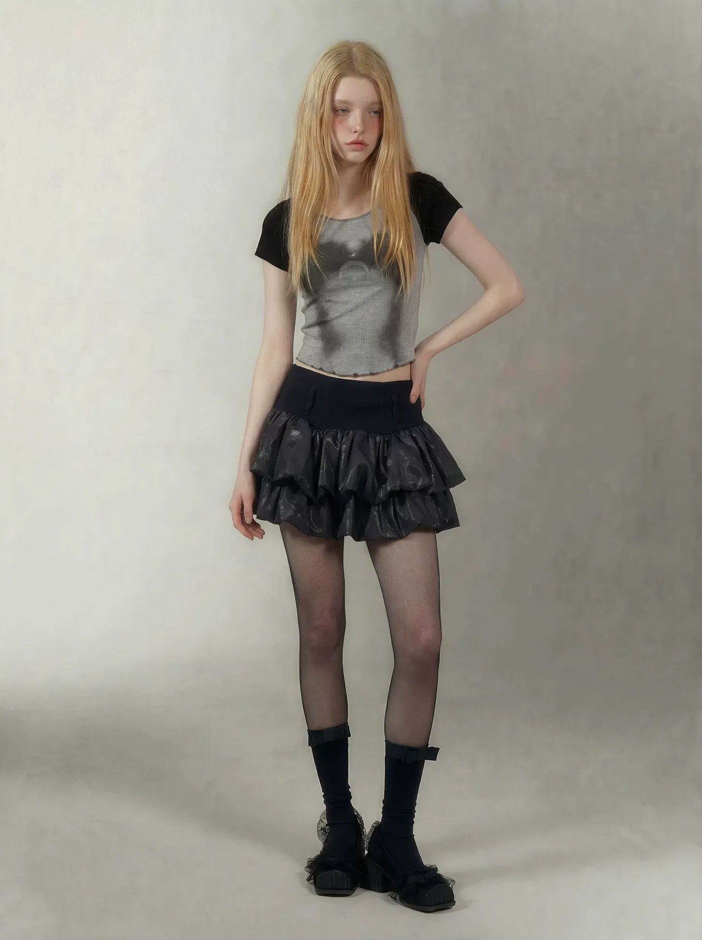 Printed Ruffle Cropped T-Shirt