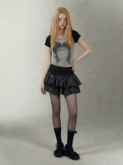 Printed Ruffle Cropped T-Shirt
