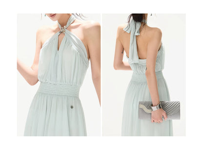 Misty Blue Halter Neck Chiffon Long Dress