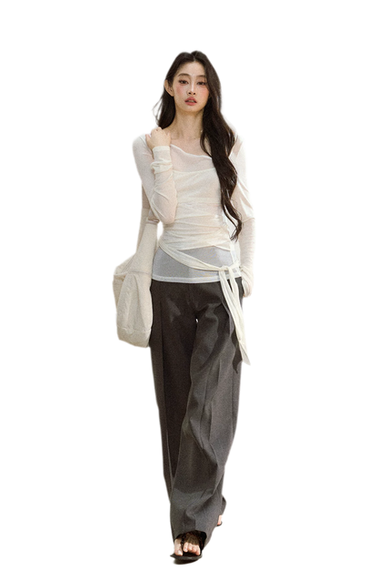 Ruched Sheer Crossover Long-Sleeve Top