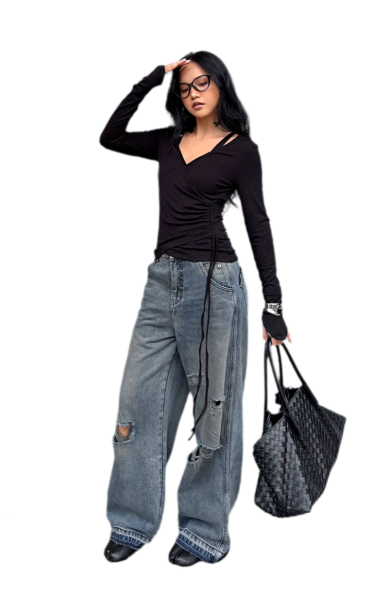 Textured Ruched Slim Long-Sleeve Top