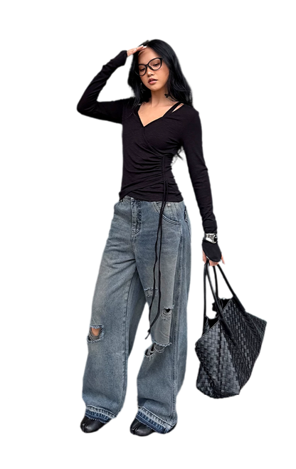 Textured Ruched Slim Long-Sleeve Top