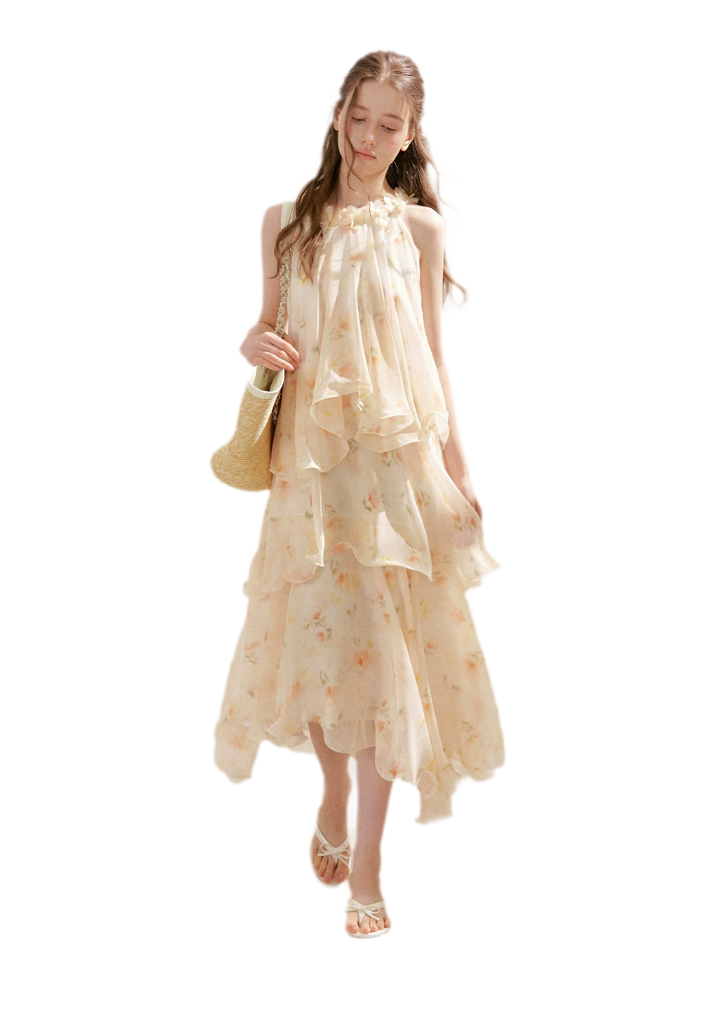 Chiffon Floral Halter Long Dress