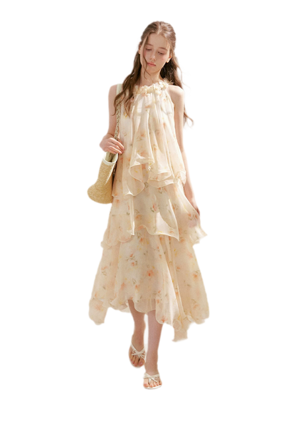 Chiffon Floral Halter Long Dress