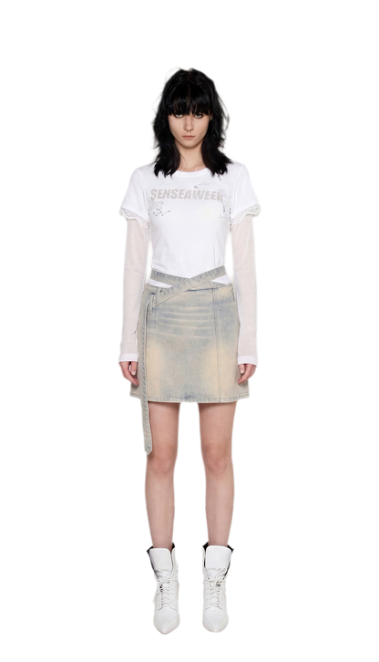 Distressed Denim Separated-Waist Skirt