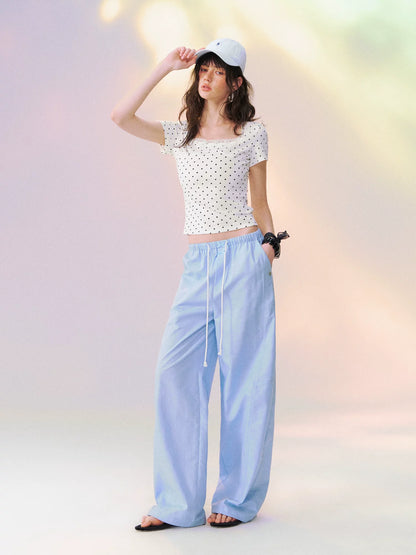 Square Neck Lace-Panel Slim T-shirt