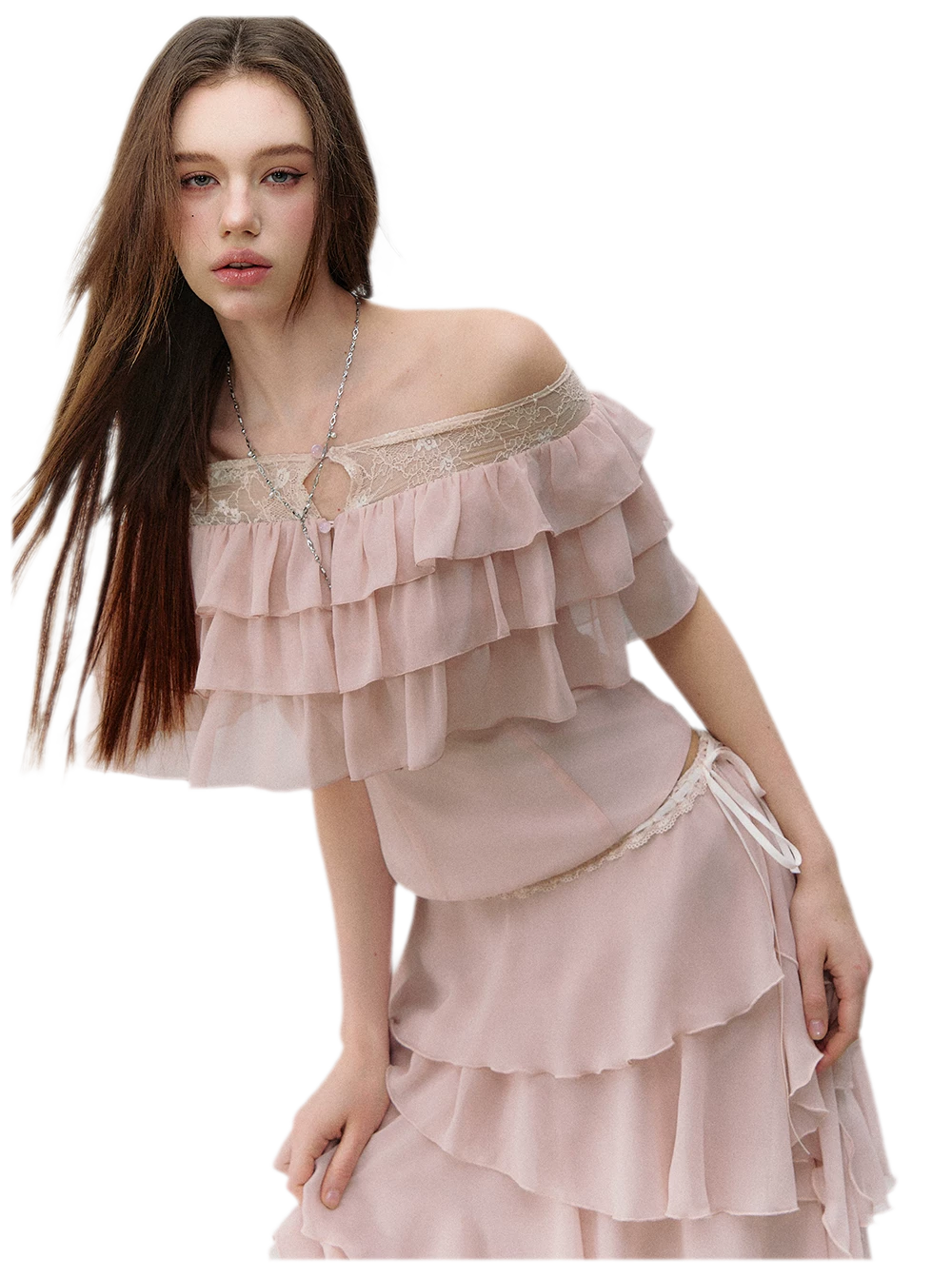 Layered Chiffon Lace Off-Shoulder T-Shirt