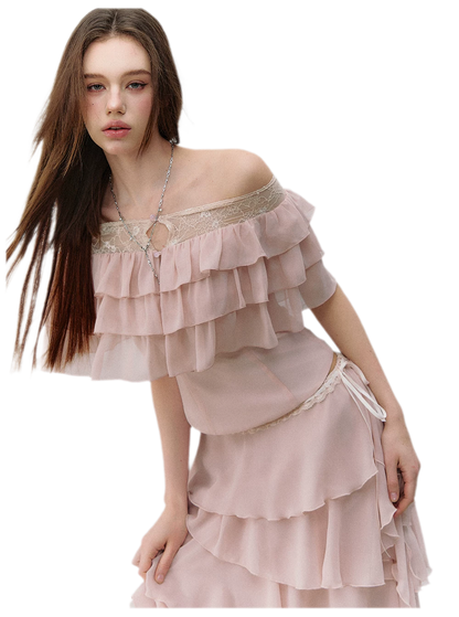 Layered Chiffon Lace Off-Shoulder T-Shirt