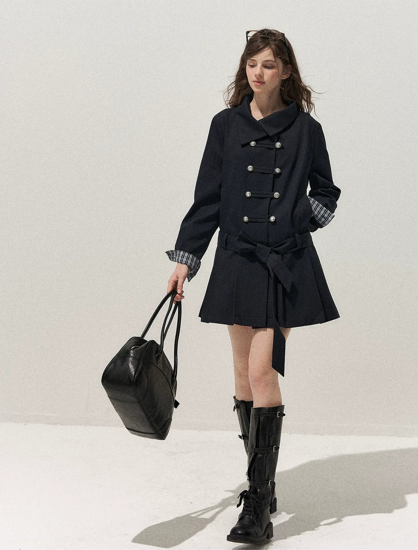 Plaid Cuff Napoleon Trench Dress