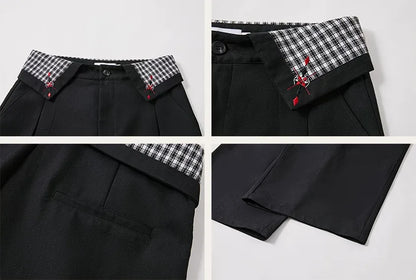 Pleated Houndstooth Wide-Leg Trousers