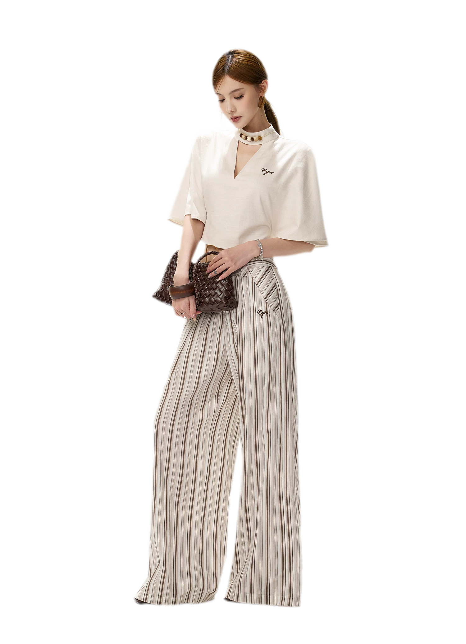 Tencel Stripe Wide-Leg Pants