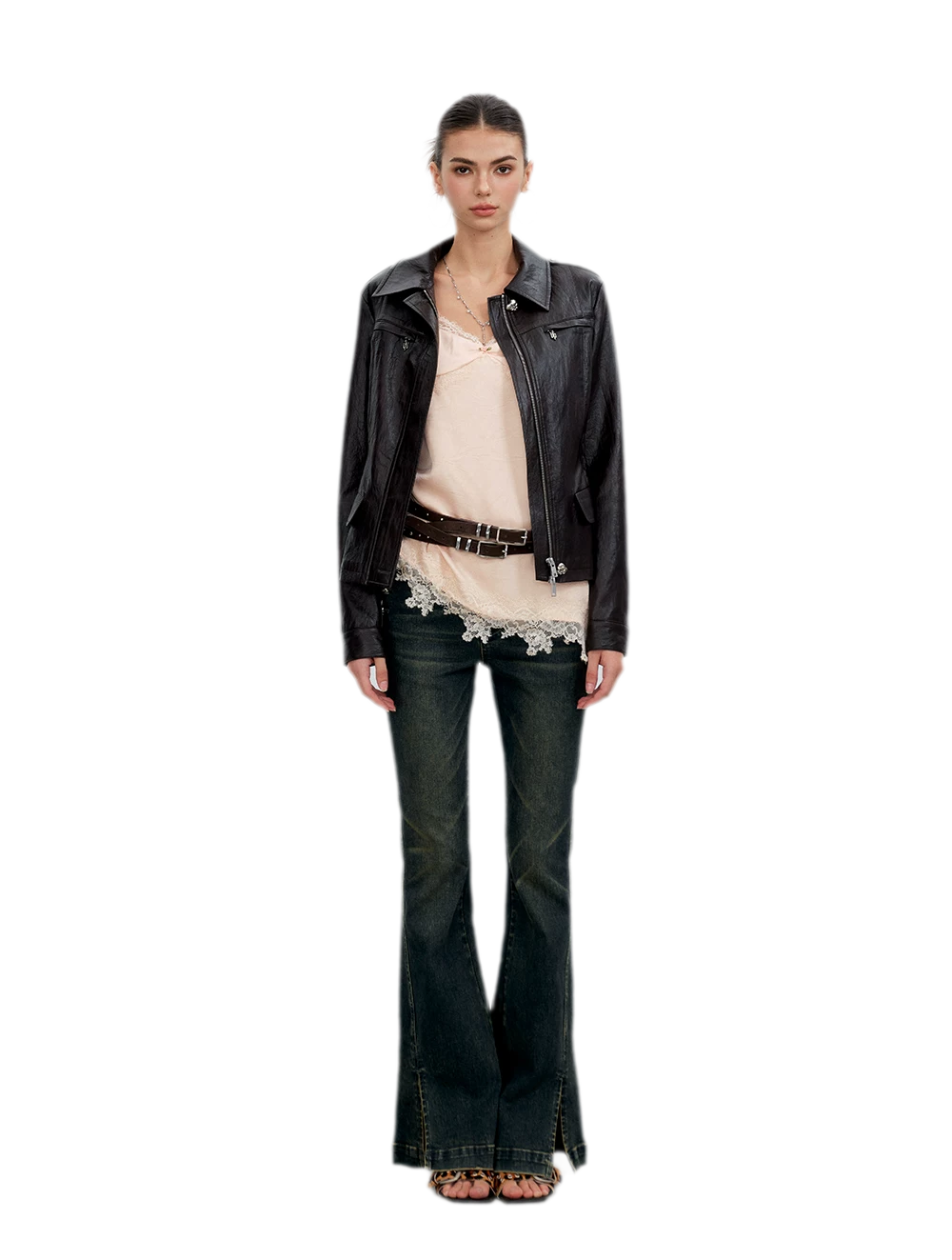 Distressed Cinched Waist PU Jacket