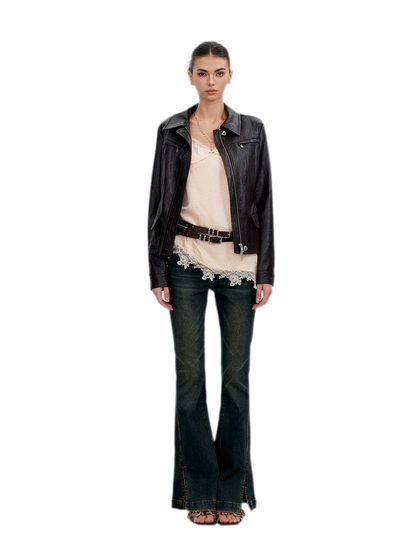 Distressed Cinched Waist PU Jacket