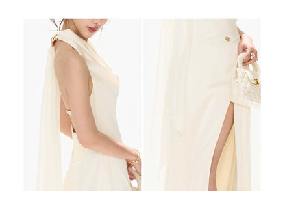 French Style One-Shoulder Backless Halter Long Dress
